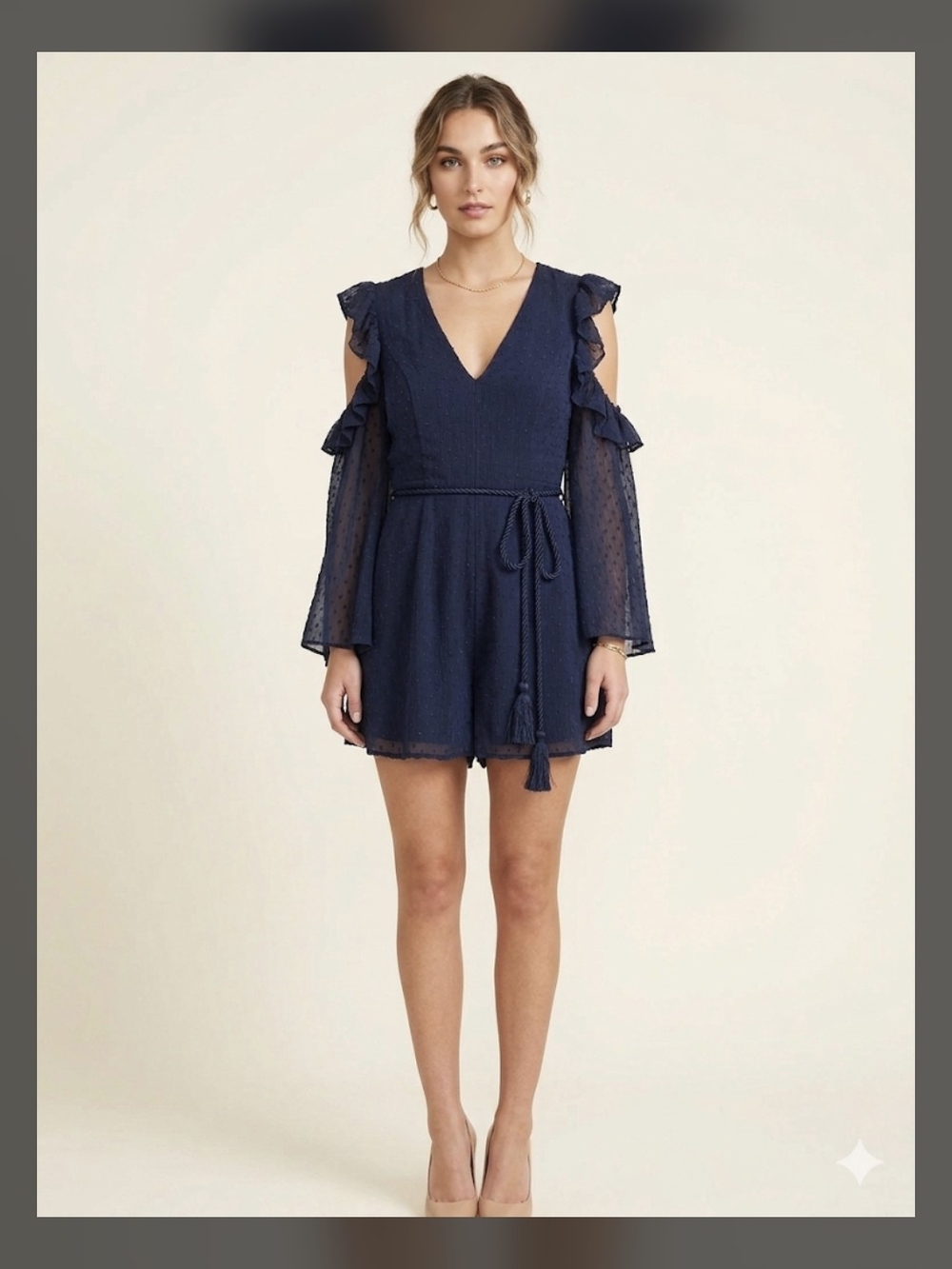 Navy Cold-Shoulder V-Neck Romper